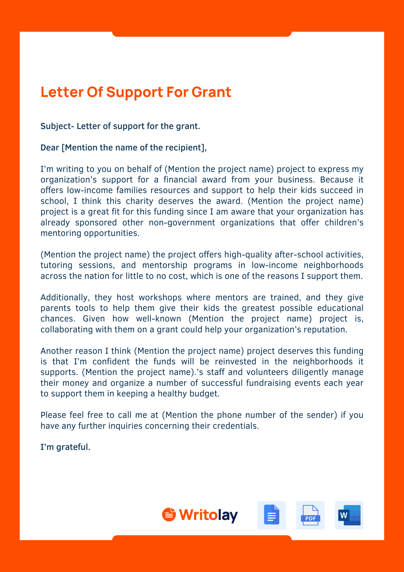 grant application letter of support for grant